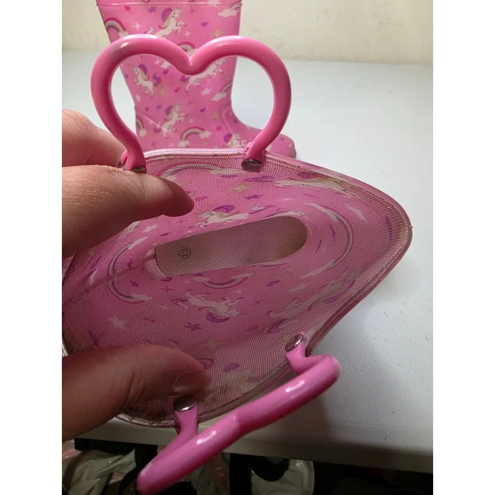 Kids Pink Unicorn Rainbow Light Up Rain Boots Heart Handles Size 13